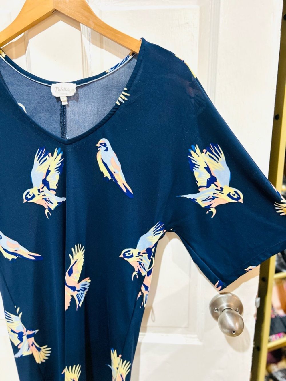 Anthropologie Deletta Navy Blue Bird Print Stretch Tunic Dress Size XS - Picture 5 of 6